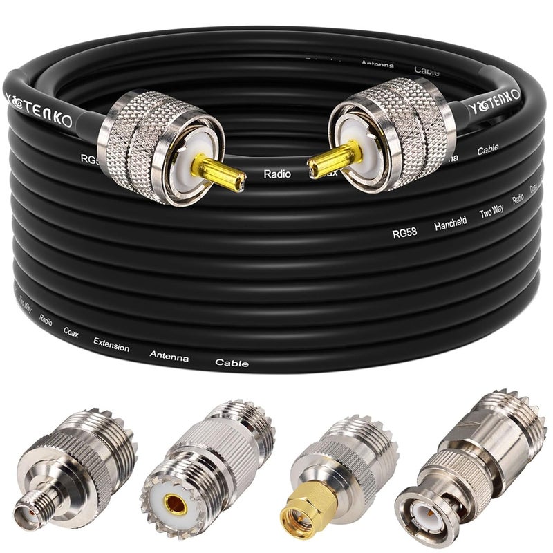 YOTENKO Ham Radio Coax Cable 50 Ohm, RG58 Coaxial Cable 40FT, PL259 Male to Male Coax + UHF SO239 Female to SMA/UHF/BNC Adapter 4-Pack,for CB,Amateur,Ham Radio - Image 1
